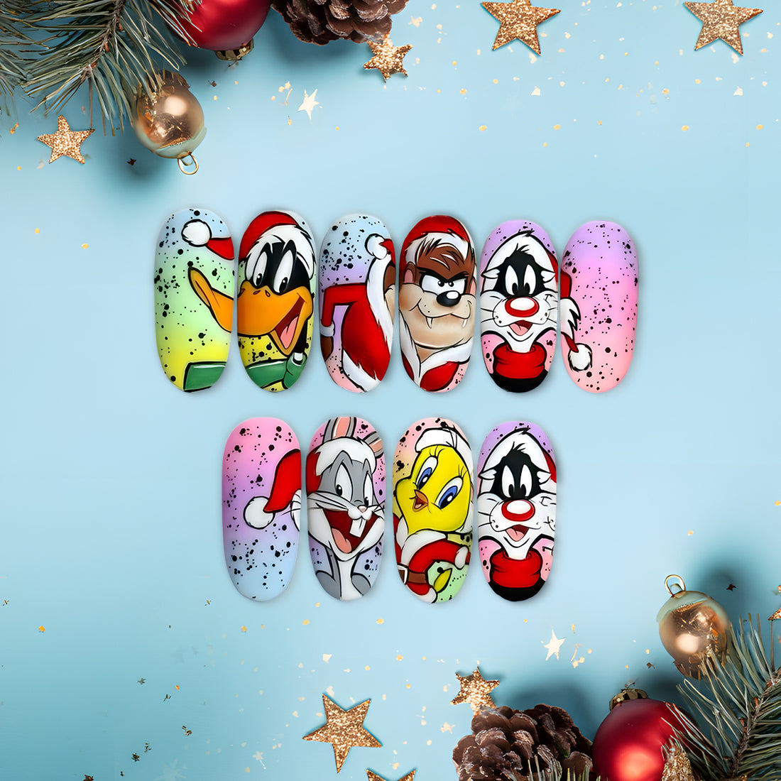 Christmas Cartoon Character Press On Nails, Looney Tunes Holiday Nail Art Set, Hand-Painted Festive Nails for Christmas Lovers