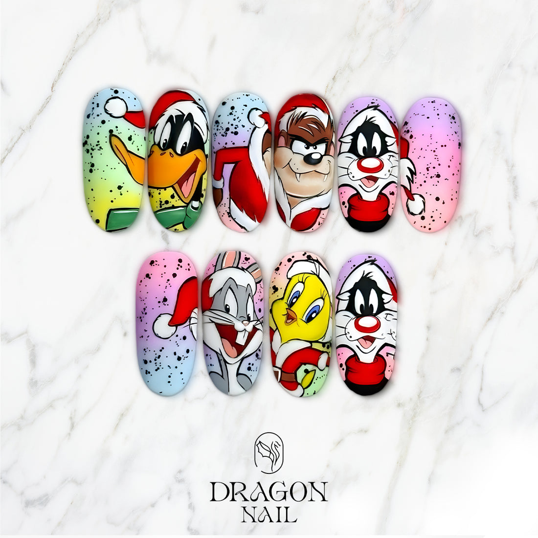 Christmas Cartoon Character Press On Nails, Looney Tunes Holiday Nail Art Set, Hand-Painted Festive Nails for Christmas Lovers