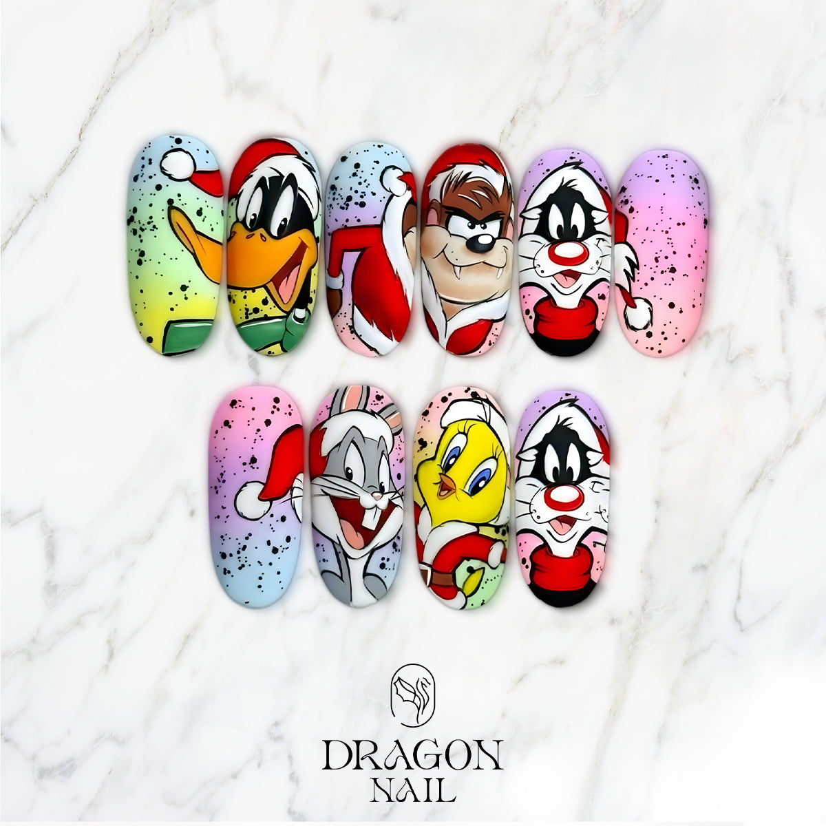 Christmas Cartoon Character Press On Nails, Looney Tunes Holiday Nail Art Set, Hand-Painted Festive Nails for Christmas Lovers
