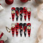 Plaid Snowflake Press-On Nails, Red &amp; Black Christmas Nail Set with Ornament Designs and Rhinestone Accents — Long Holiday Nails
