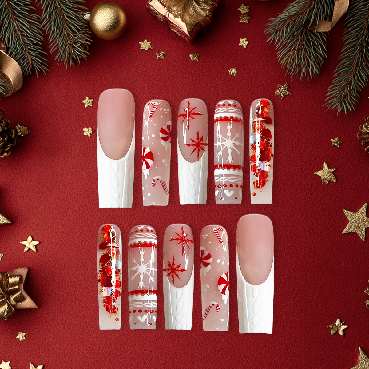 Red &amp; White Peppermint Christmas Press-On Nails, Long Coffin Winter Nail Set with Candy Cane, Snowflake &amp; Sweater Texture — Holiday Glam Nails