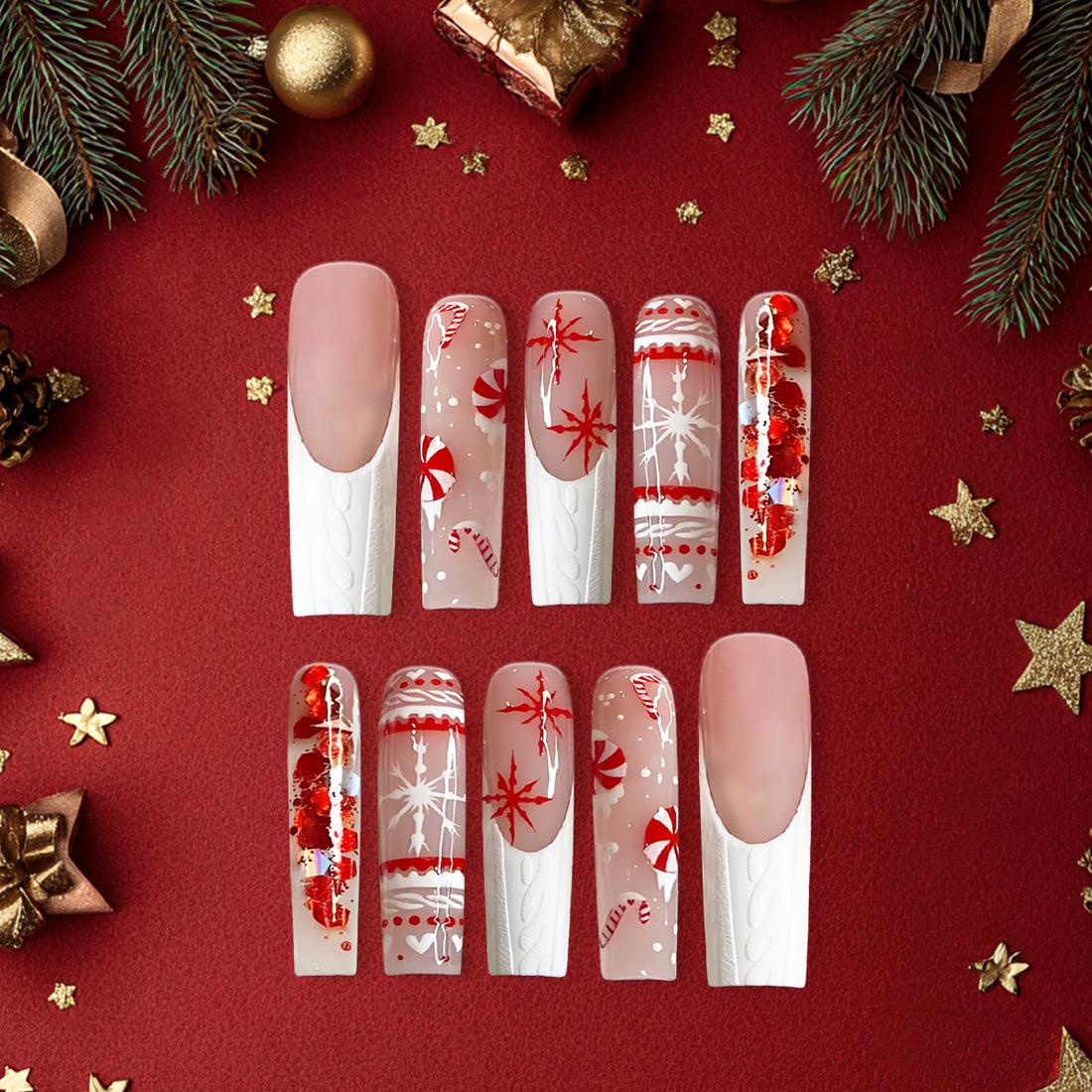 Red &amp; White Peppermint Christmas Press-On Nails, Long Coffin Winter Nail Set with Candy Cane, Snowflake &amp; Sweater Texture — Holiday Glam Nails