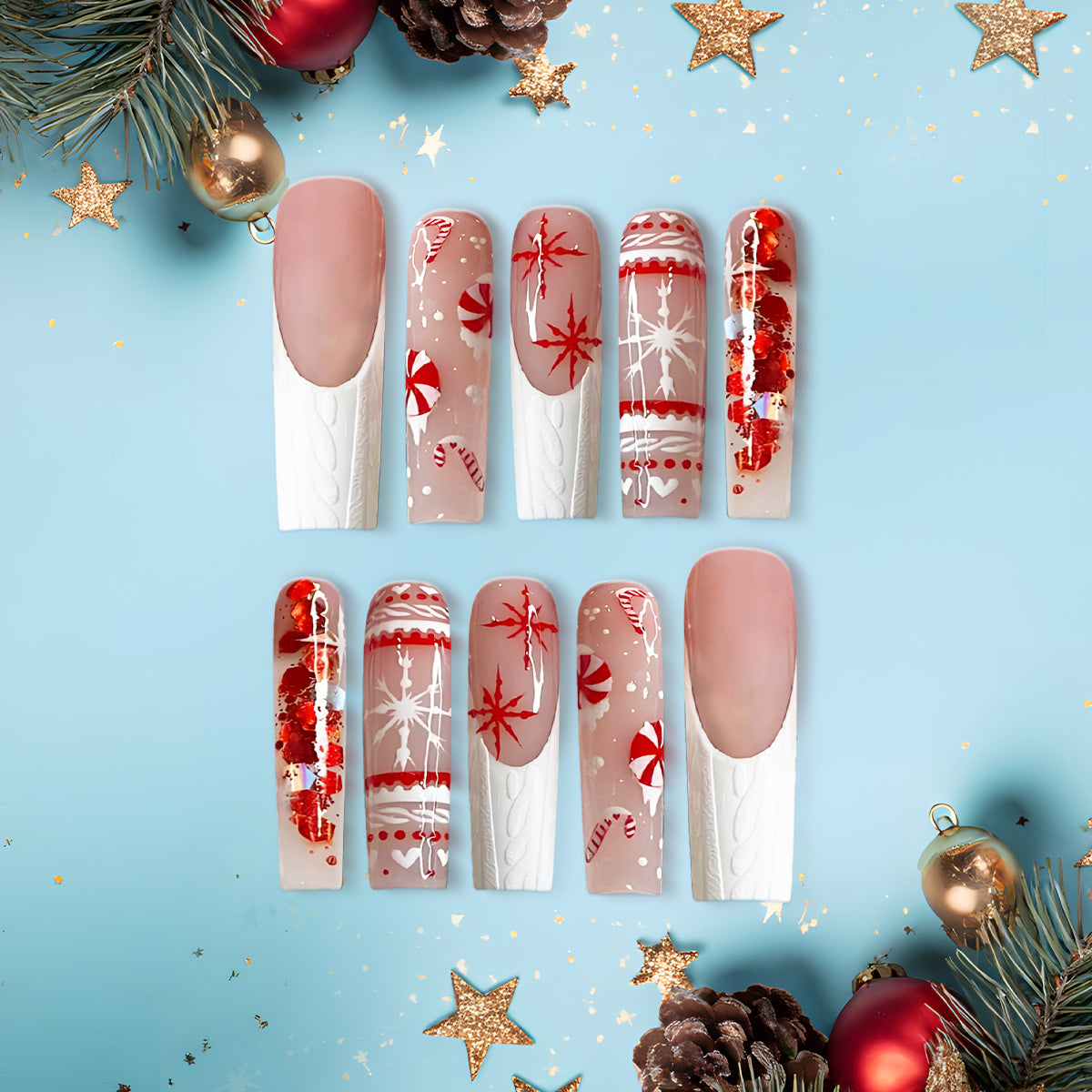 Red &amp; White Peppermint Christmas Press-On Nails, Long Coffin Winter Nail Set with Candy Cane, Snowflake &amp; Sweater Texture — Holiday Glam Nails