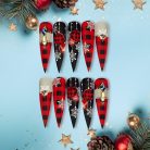Plaid Snowflake Press-On Nails, Red &amp; Black Christmas Nail Set with Ornament Designs and Rhinestone Accents — Long Holiday Nails
