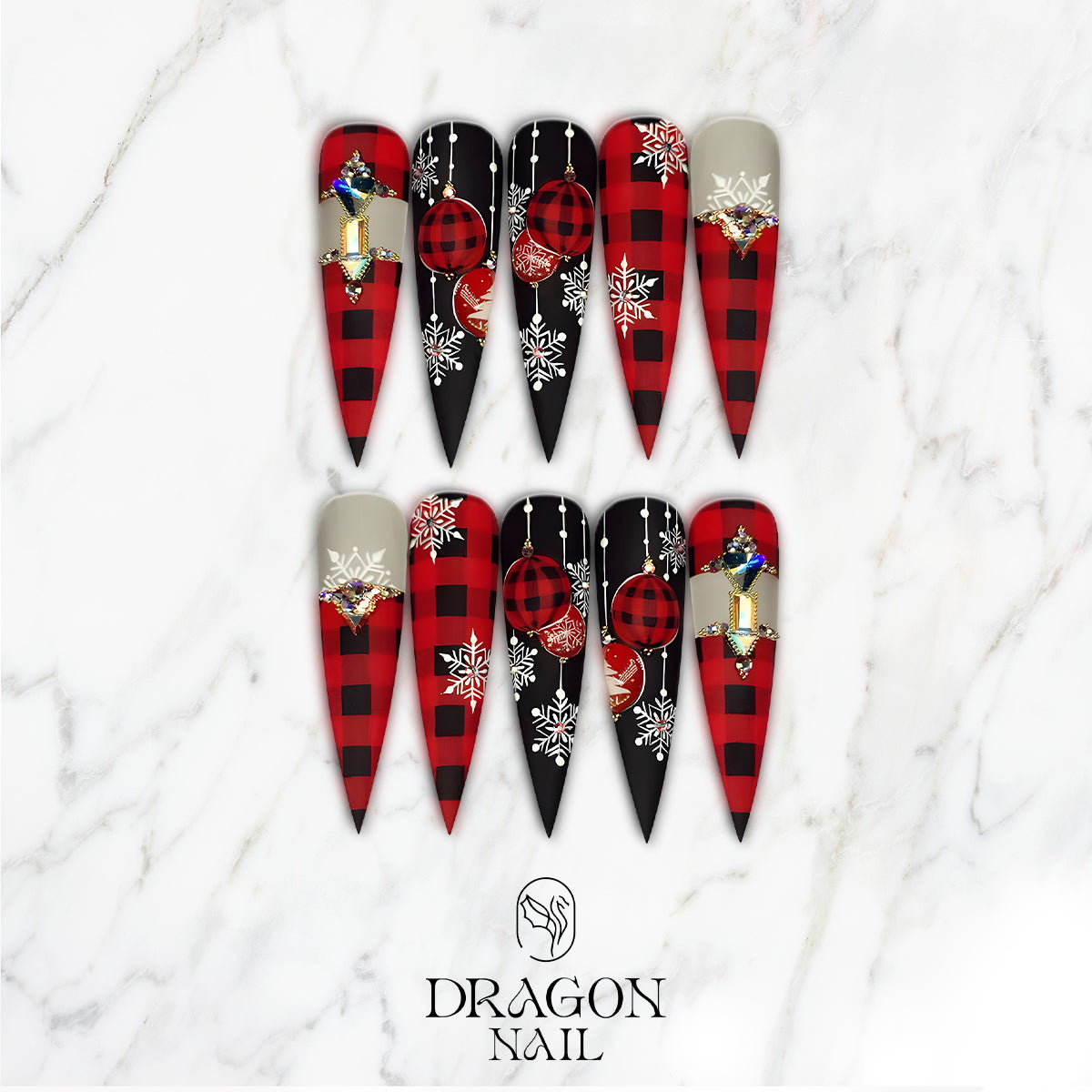 Plaid Snowflake Press-On Nails, Red &amp; Black Christmas Nail Set with Ornament Designs and Rhinestone Accents — Long Holiday Nails