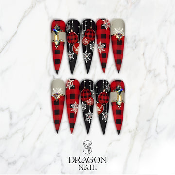 Plaid Snowflake Press-On Nails, Red &amp; Black Christmas Nail Set with Ornament Designs and Rhinestone Accents — Long Holiday Nails