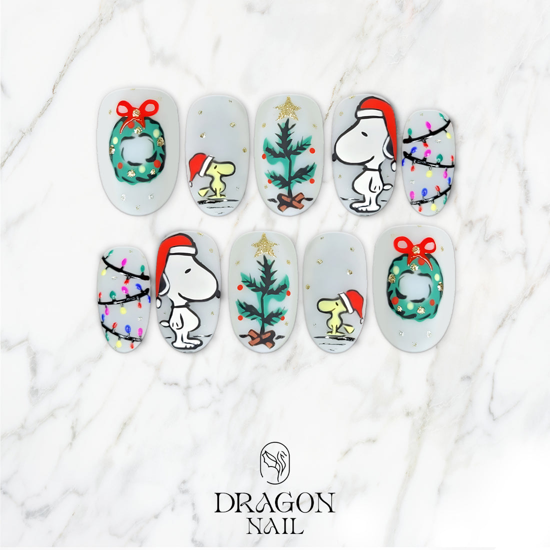 Snoopy Christmas Press-On Nails, Festive Tree &amp; Lights Nail Art Set, Cute Cartoon Holiday Nails