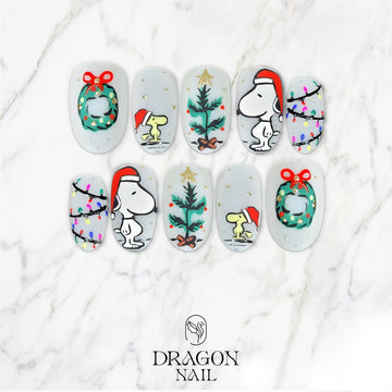 Snoopy Christmas Press-On Nails, Festive Tree &amp; Lights Nail Art Set, Cute Cartoon Holiday Nails