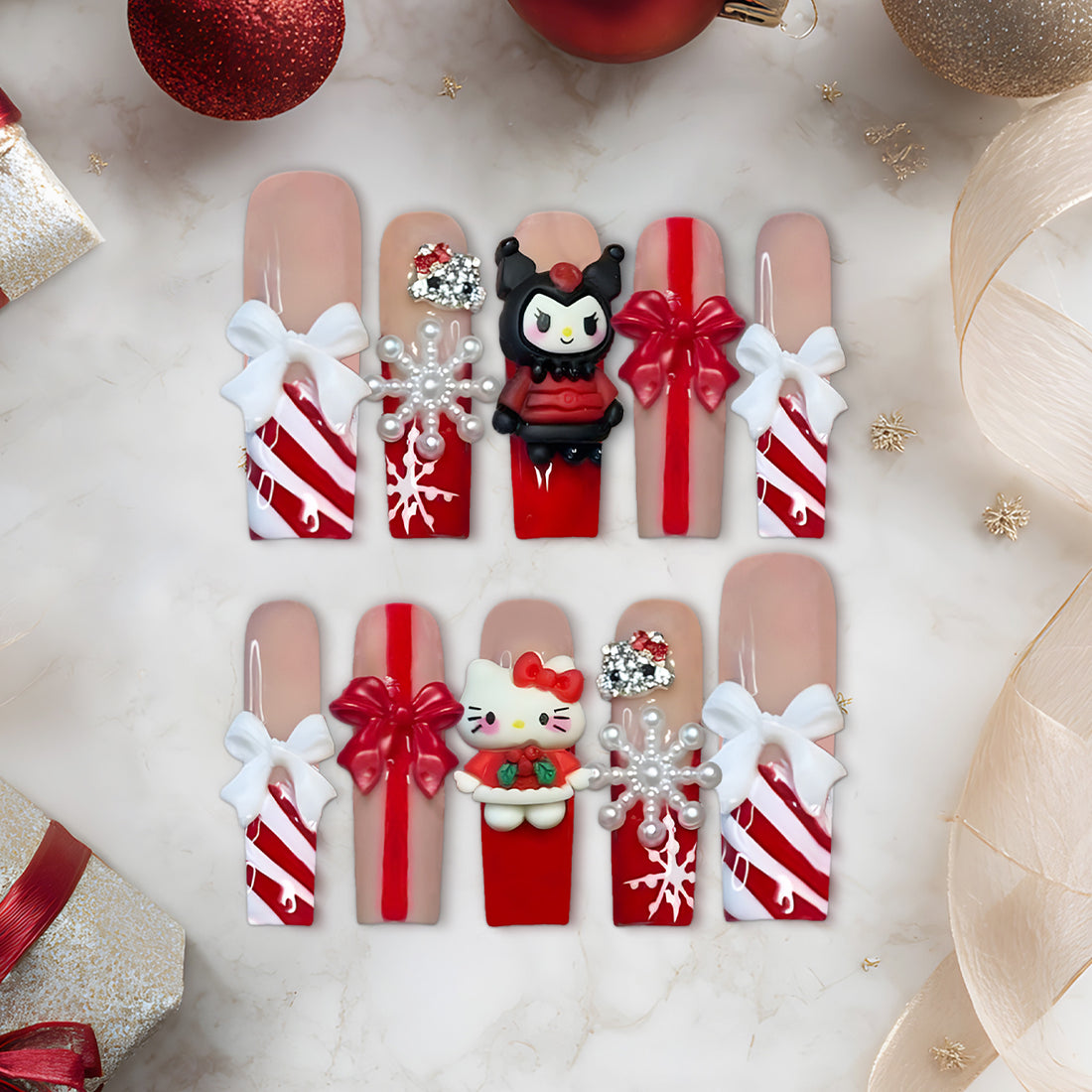Hello Kitty &amp; Kuromi Christmas Press-On Nails, Red Candy Cane Holiday Nail Set with 3D Bows, Rhinestones &amp; Glitter — Kawaii Long Coffin Nails