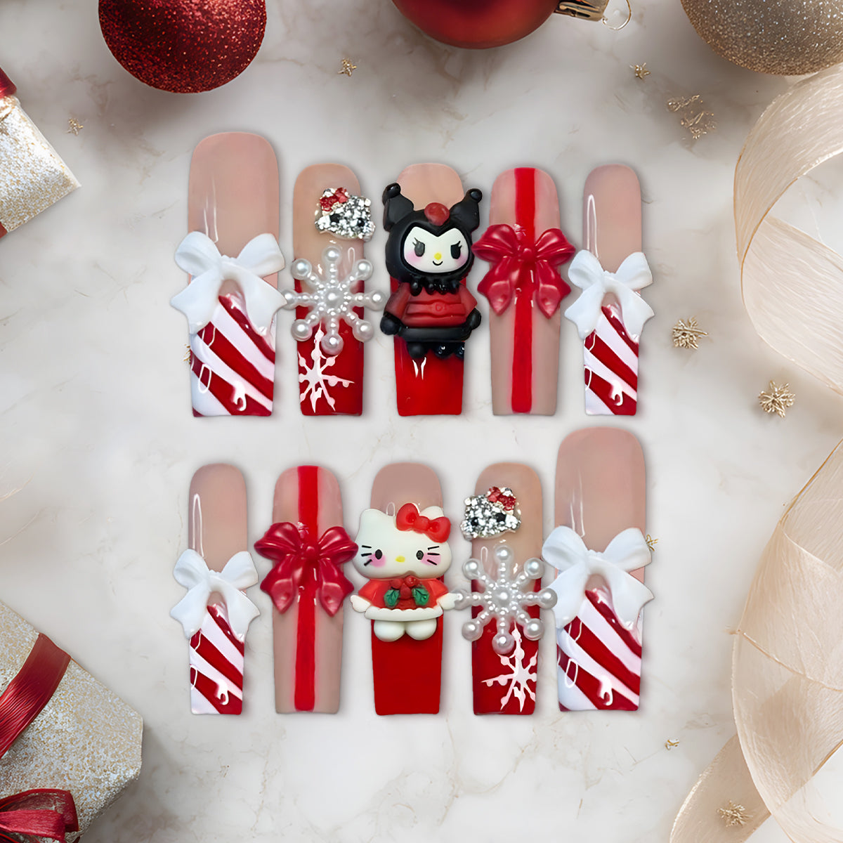 Hello Kitty &amp; Kuromi Christmas Press-On Nails, Red Candy Cane Holiday Nail Set with 3D Bows, Rhinestones &amp; Glitter — Kawaii Long Coffin Nails