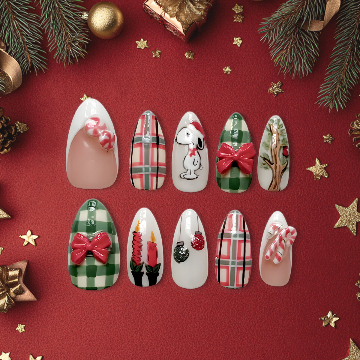 Snoopy Christmas Press-On Nails, Green Plaid &amp; Bow Holiday Nail Set, Festive Winter Cartoon Nails