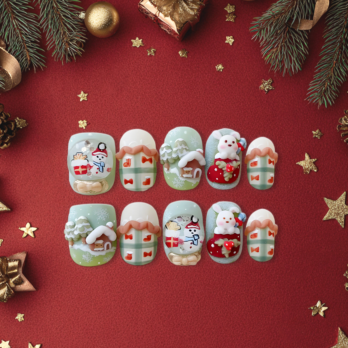 3D Christmas Bunny &amp; Snowman Press-On Nails, Mint Green Winter Nail Set, Cute Holiday Gift Nails
