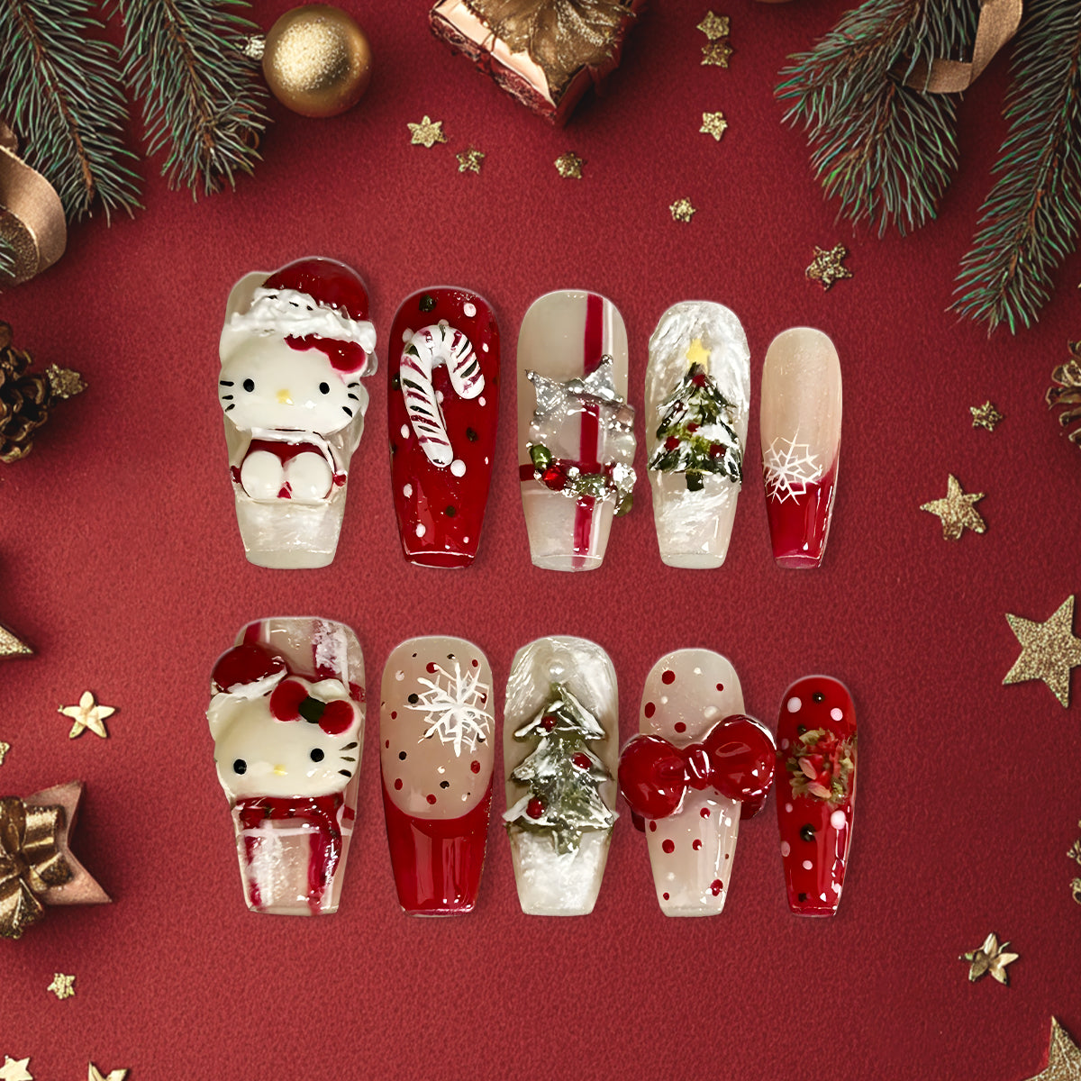 Hello Kitty Christmas Press-On Nails, 3D Red Holiday Nail Set, Festive Candy Cane &amp; Christmas Tree Nails