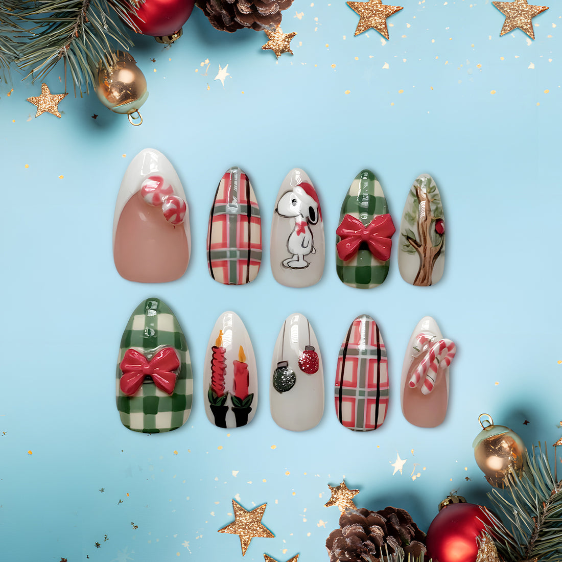 Snoopy Christmas Press-On Nails, Green Plaid &amp; Bow Holiday Nail Set, Festive Winter Cartoon Nails