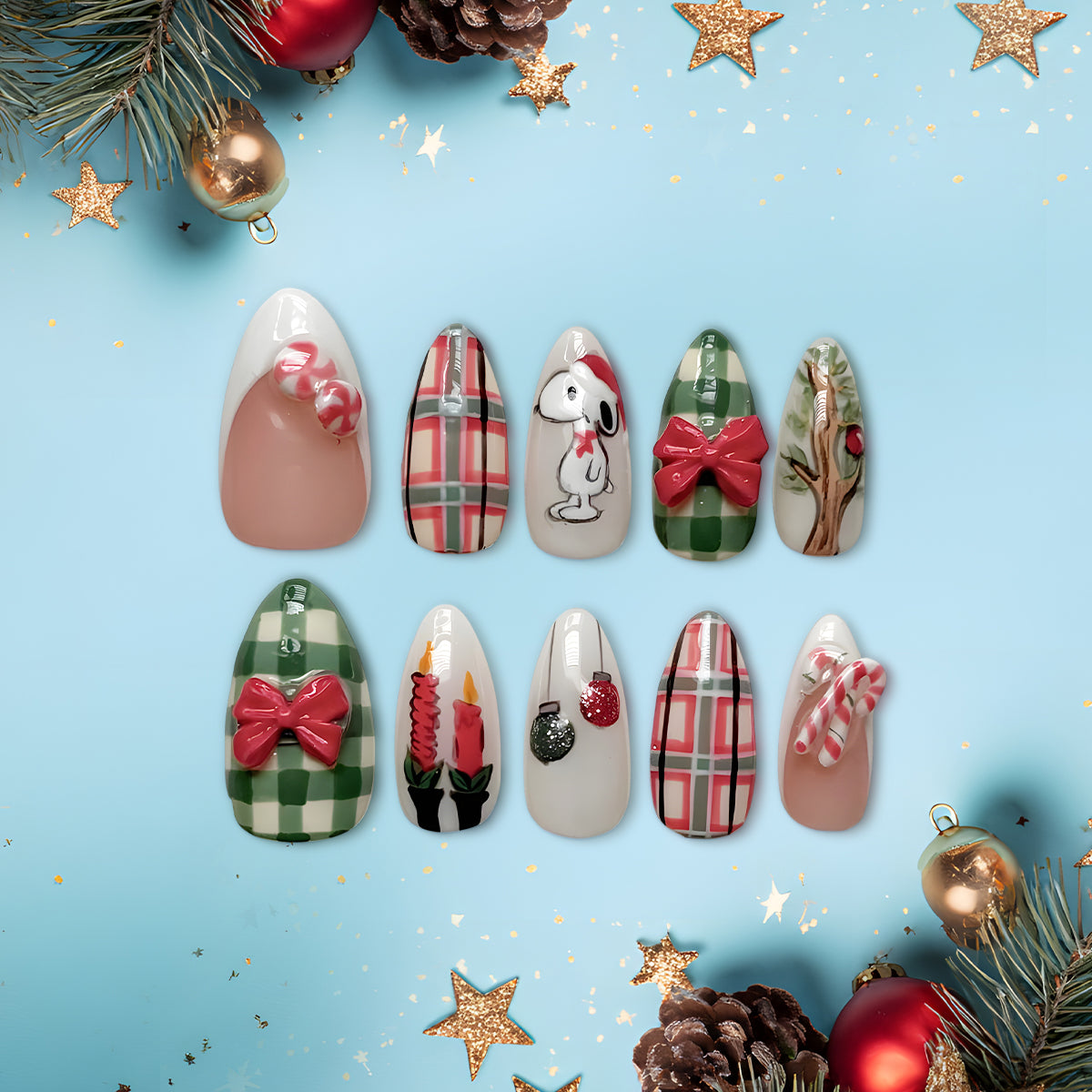 Snoopy Christmas Press-On Nails, Green Plaid &amp; Bow Holiday Nail Set, Festive Winter Cartoon Nails