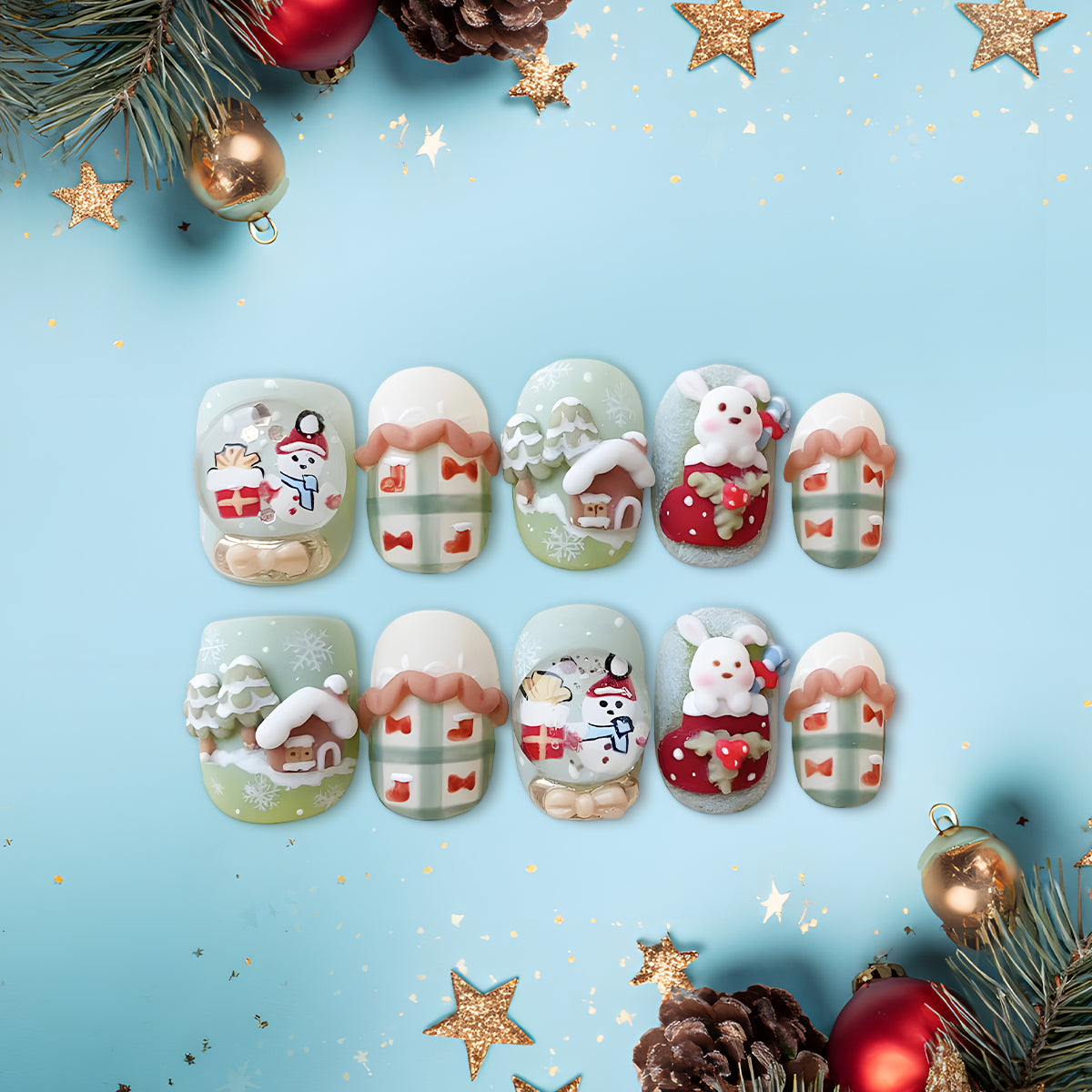 3D Christmas Bunny &amp; Snowman Press-On Nails, Mint Green Winter Nail Set, Cute Holiday Gift Nails
