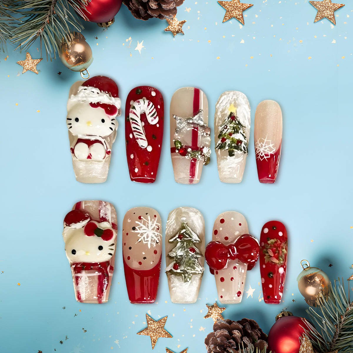 Hello Kitty Christmas Press-On Nails, 3D Red Holiday Nail Set, Festive Candy Cane &amp; Christmas Tree Nails