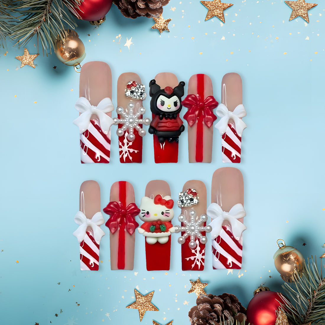 Hello Kitty &amp; Kuromi Christmas Press-On Nails, Red Candy Cane Holiday Nail Set with 3D Bows, Rhinestones &amp; Glitter — Kawaii Long Coffin Nails