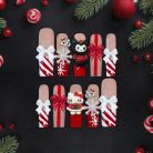 Hello Kitty &amp; Kuromi Christmas Press-On Nails, Red Candy Cane Holiday Nail Set with 3D Bows, Rhinestones &amp; Glitter — Kawaii Long Coffin Nails