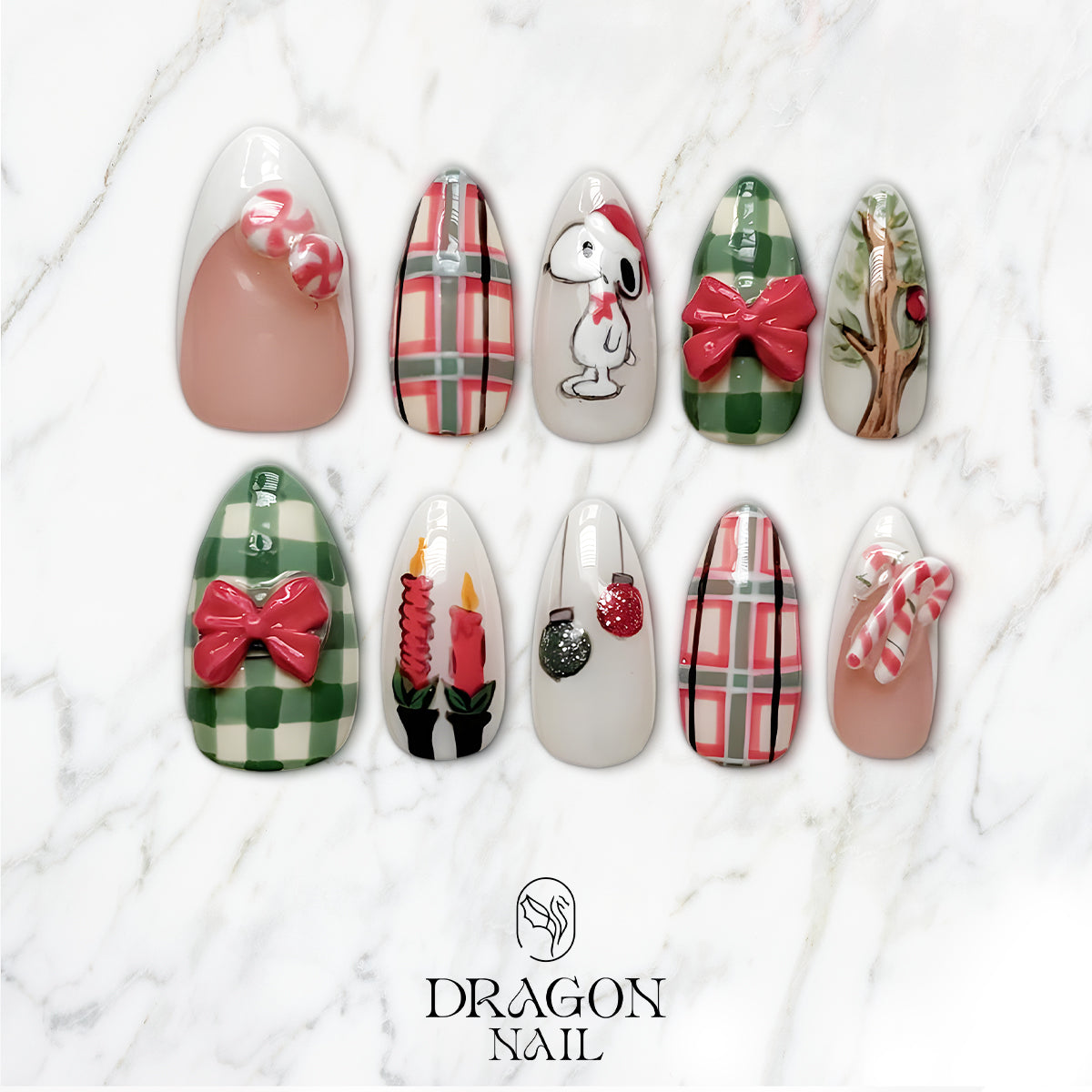 Snoopy Christmas Press-On Nails, Green Plaid &amp; Bow Holiday Nail Set, Festive Winter Cartoon Nails