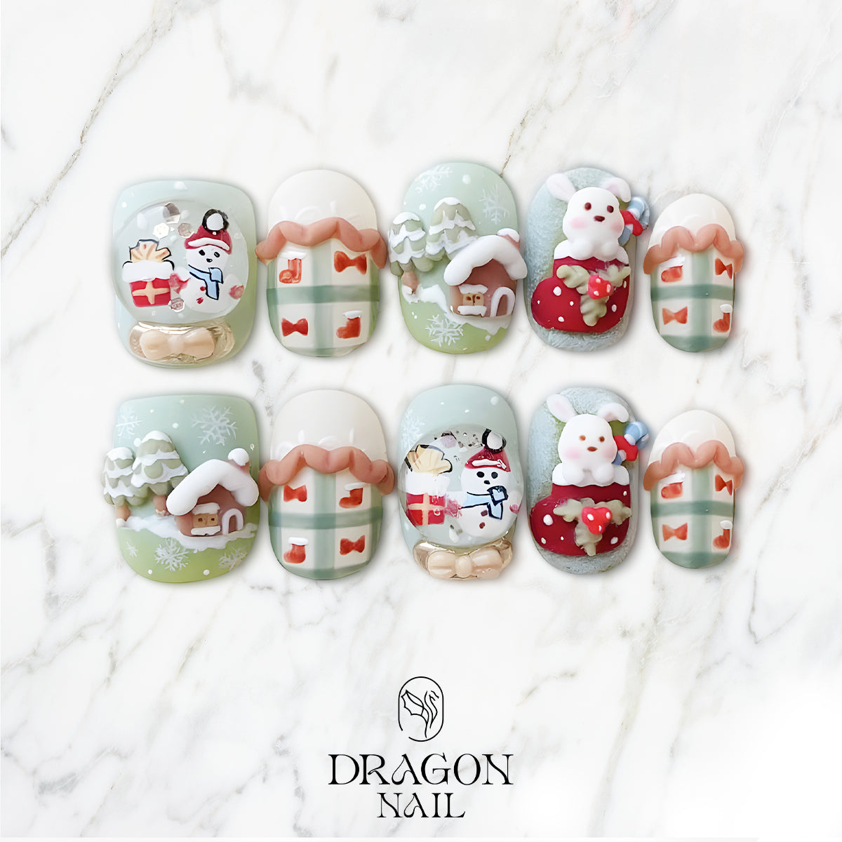 3D Christmas Bunny &amp; Snowman Press-On Nails, Mint Green Winter Nail Set, Cute Holiday Gift Nails