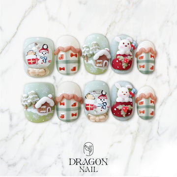 3D Christmas Bunny &amp; Snowman Press-On Nails, Mint Green Winter Nail Set, Cute Holiday Gift Nails