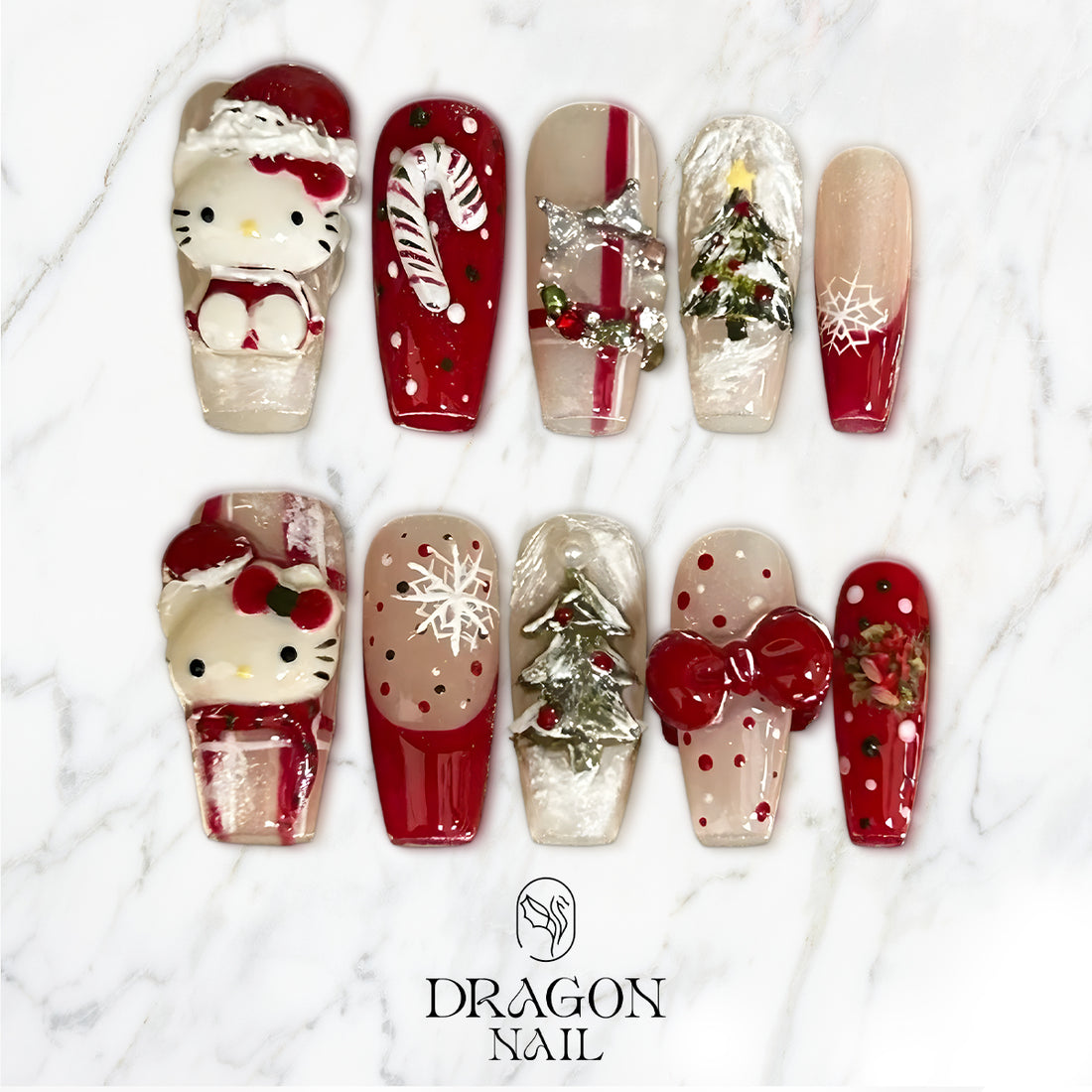 Hello Kitty Christmas Press-On Nails, 3D Red Holiday Nail Set, Festive Candy Cane &amp; Christmas Tree Nails