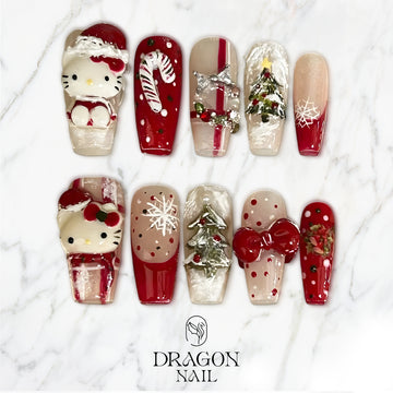 Hello Kitty Christmas Press-On Nails, 3D Red Holiday Nail Set, Festive Candy Cane &amp; Christmas Tree Nails