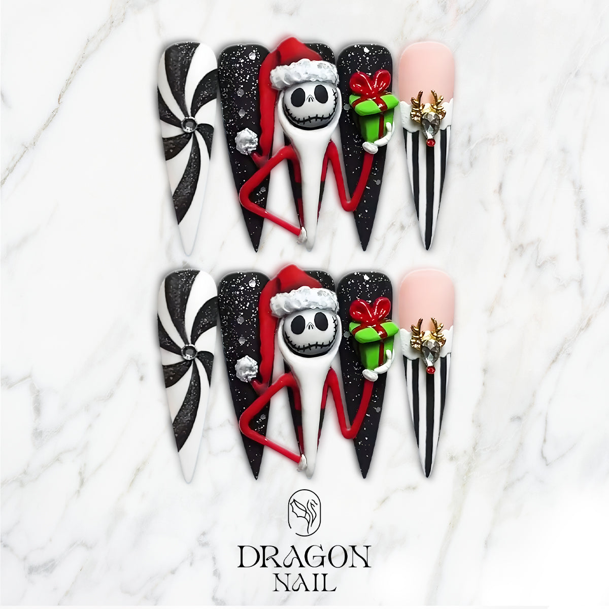 Nightmare Before Christmas Press-On Nails, Jack Skellington 3D Holiday Nail Set with Santa Hat &amp; Reindeer Design — Gothic Christmas Nails
