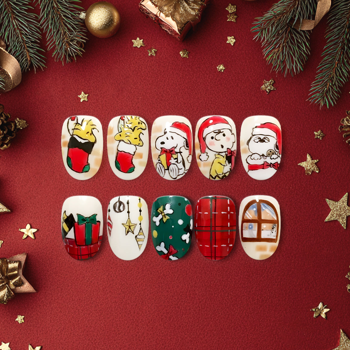 Cute Christmas Cartoon Press-On Nails, Holiday Nail Art with Snoopy, Stockings &amp; Gift Box Design — Festive Hand-Painted Nail Set
