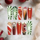 Gingerbread House Christmas Press-On Nails, Long Red &amp; Green Holiday Nail Set with Candy Cane, Tree &amp; Gold Jewel Accents — Festive Luxury Nails