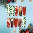 Gingerbread House Christmas Press-On Nails, Long Red &amp; Green Holiday Nail Set with Candy Cane, Tree &amp; Gold Jewel Accents — Festive Luxury Nails
