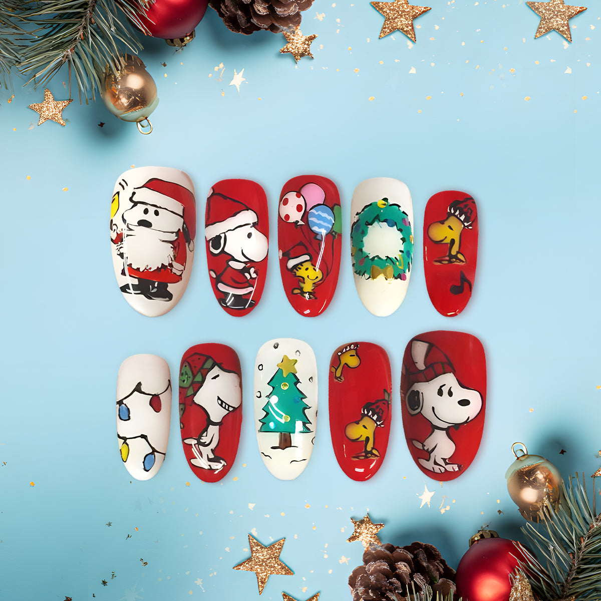 Snoopy &amp; Woodstock Christmas Press-On Nails, Red Holiday Cartoon Nail Set, Cute Winter Gift Nails