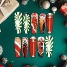 Gingerbread House Christmas Press-On Nails, Long Red &amp; Green Holiday Nail Set with Candy Cane, Tree &amp; Gold Jewel Accents — Festive Luxury Nails