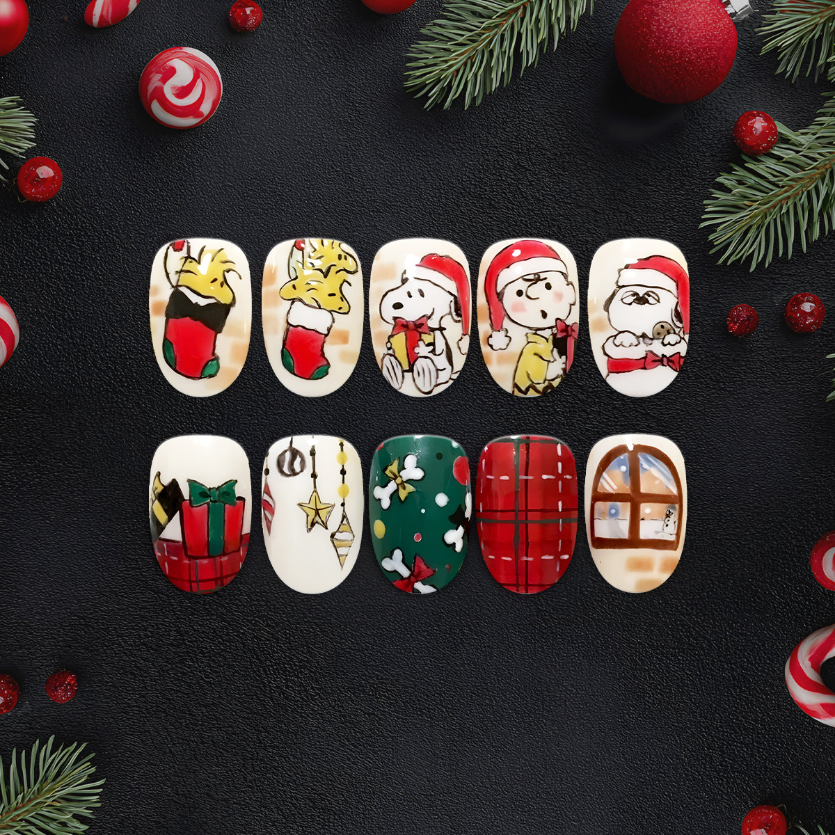 Cute Christmas Cartoon Press-On Nails, Holiday Nail Art with Snoopy, Stockings &amp; Gift Box Design — Festive Hand-Painted Nail Set