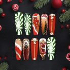 Gingerbread House Christmas Press-On Nails, Long Red &amp; Green Holiday Nail Set with Candy Cane, Tree &amp; Gold Jewel Accents — Festive Luxury Nails