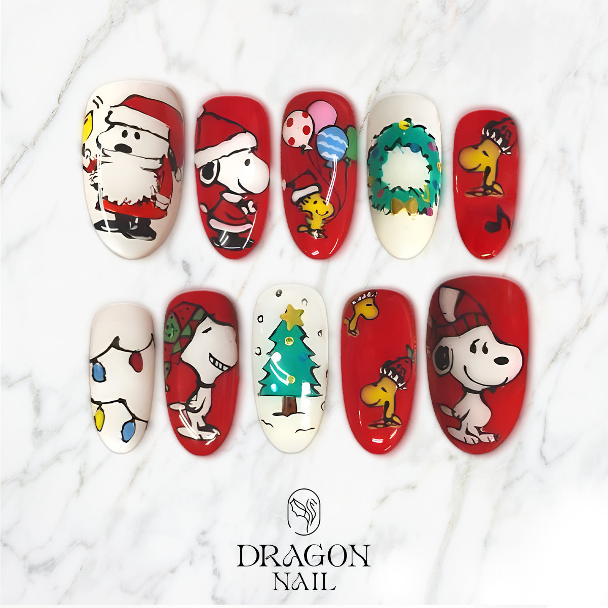 Snoopy &amp; Woodstock Christmas Press-On Nails, Red Holiday Cartoon Nail Set, Cute Winter Gift Nails