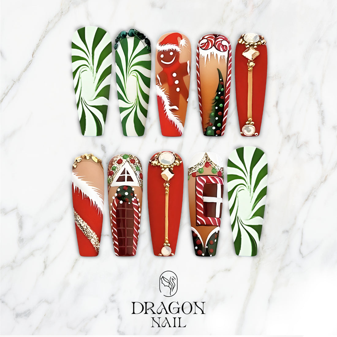 Gingerbread House Christmas Press-On Nails, Long Red &amp; Green Holiday Nail Set with Candy Cane, Tree &amp; Gold Jewel Accents — Festive Luxury Nails