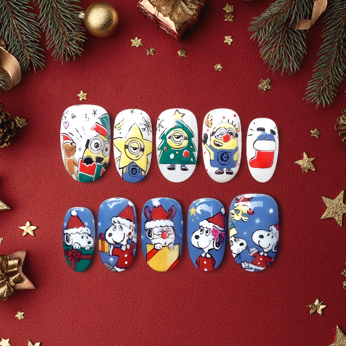 Cute Snoopy &amp; Minions Holiday Nail Art Set, Hand-Painted Festive Nails with Santa, Gifts &amp; Stars