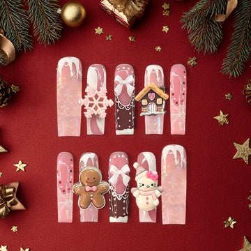 Pink Gingerbread Christmas Press-On Nails, 3D Cute Holiday Nail Set with Hello Kitty, Gingerbread Man &amp; Snowflake Charms — Kawaii Winter Nails