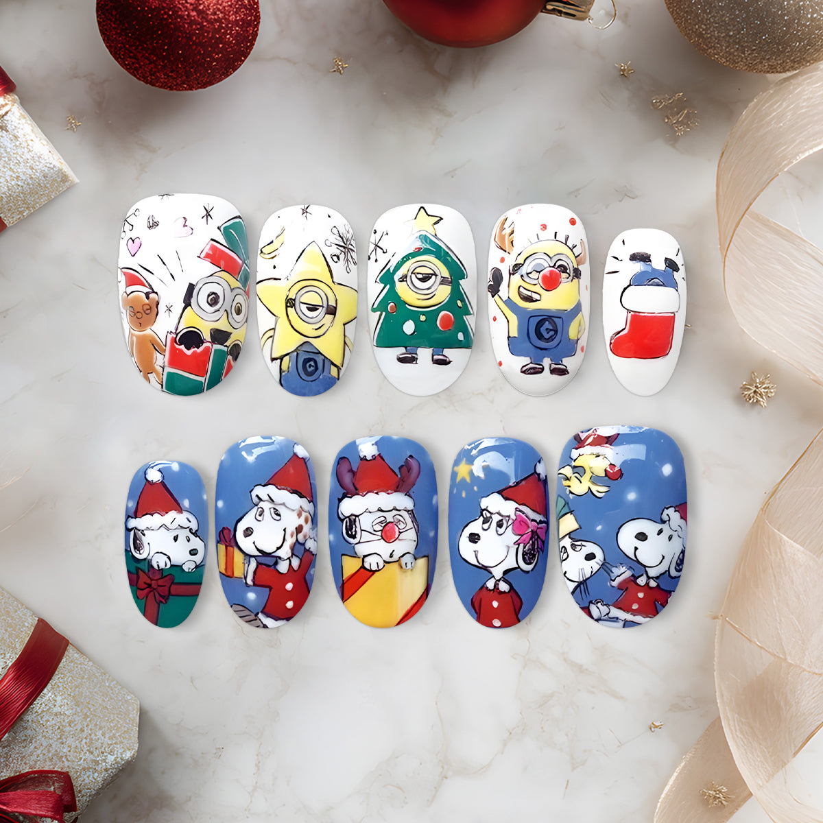 Cute Snoopy &amp; Minions Holiday Nail Art Set, Hand-Painted Festive Nails with Santa, Gifts &amp; Stars