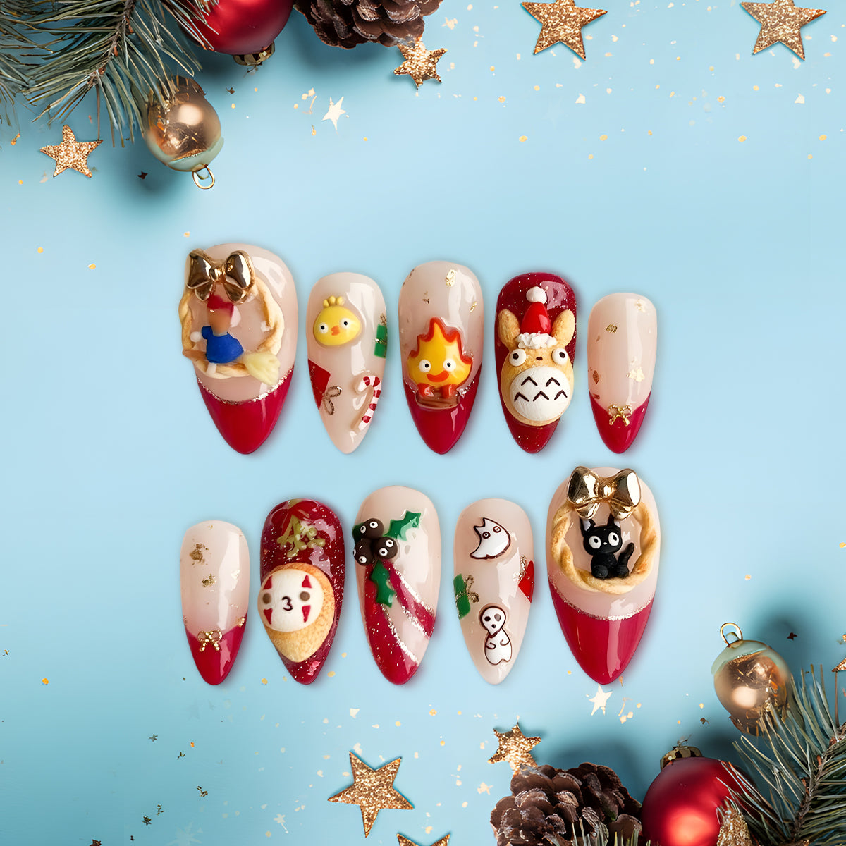 Studio Ghibli Christmas Press-On Nails, Totoro &amp; Calcifer 3D Holiday Nail Set, Cute Anime-Inspired Festive Nails