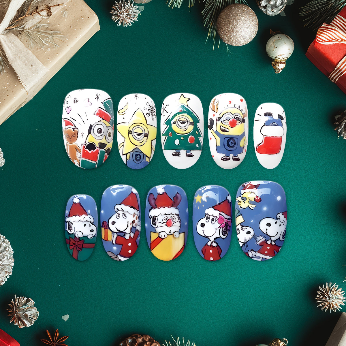 Cute Snoopy &amp; Minions Holiday Nail Art Set, Hand-Painted Festive Nails with Santa, Gifts &amp; Stars