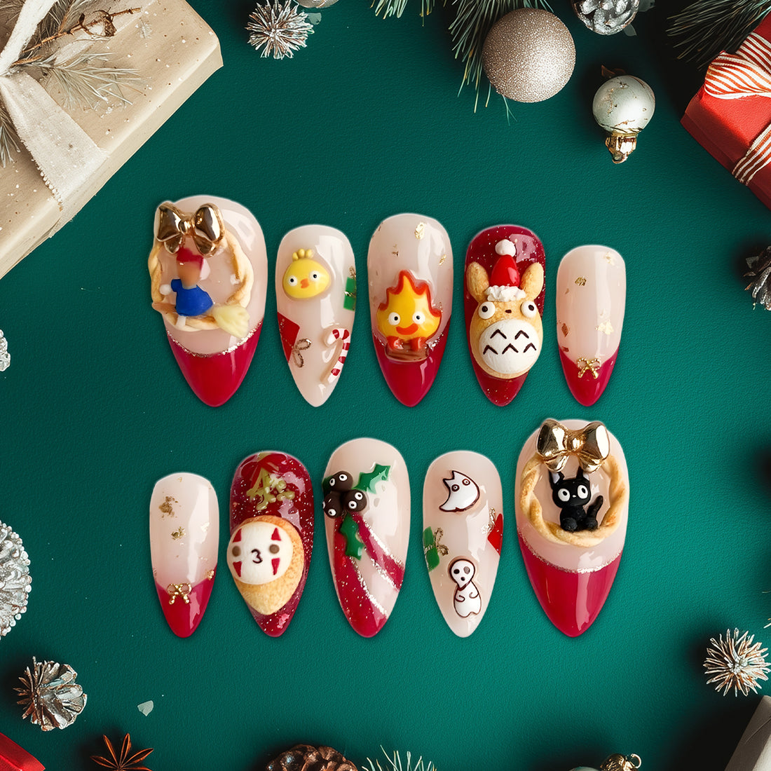Studio Ghibli Christmas Press-On Nails, Totoro &amp; Calcifer 3D Holiday Nail Set, Cute Anime-Inspired Festive Nails