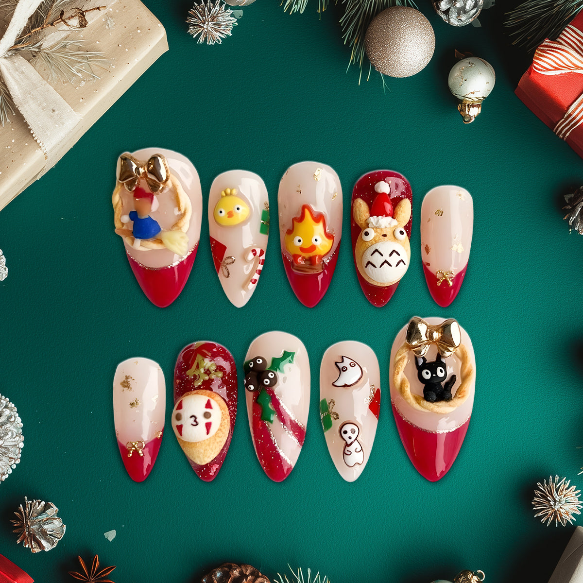 Studio Ghibli Christmas Press-On Nails, Totoro &amp; Calcifer 3D Holiday Nail Set, Cute Anime-Inspired Festive Nails