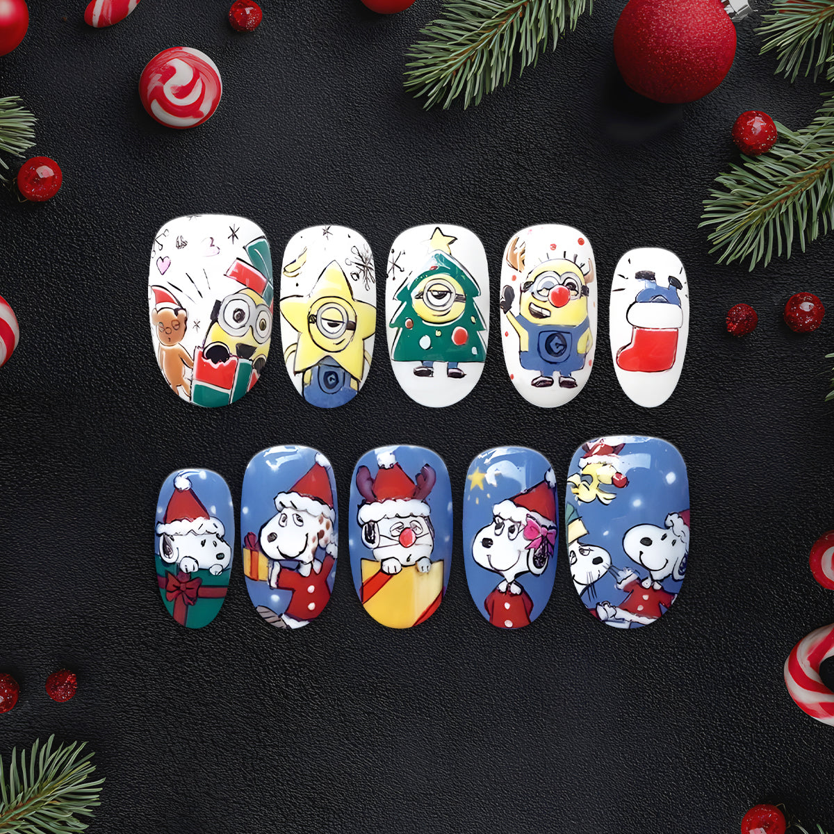 Cute Snoopy &amp; Minions Holiday Nail Art Set, Hand-Painted Festive Nails with Santa, Gifts &amp; Stars