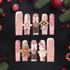 Pink Gingerbread Christmas Press-On Nails, 3D Cute Holiday Nail Set with Hello Kitty, Gingerbread Man &amp; Snowflake Charms — Kawaii Winter Nails