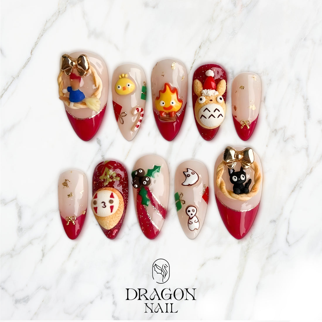 Studio Ghibli Christmas Press-On Nails, Totoro &amp; Calcifer 3D Holiday Nail Set, Cute Anime-Inspired Festive Nails