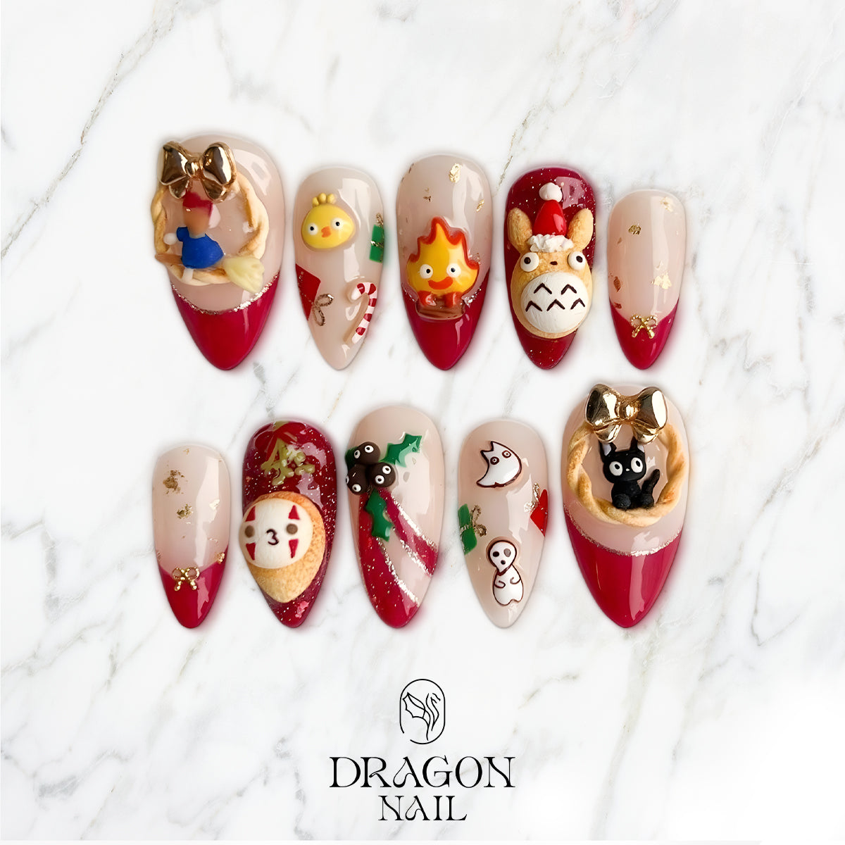Studio Ghibli Christmas Press-On Nails, Totoro &amp; Calcifer 3D Holiday Nail Set, Cute Anime-Inspired Festive Nails