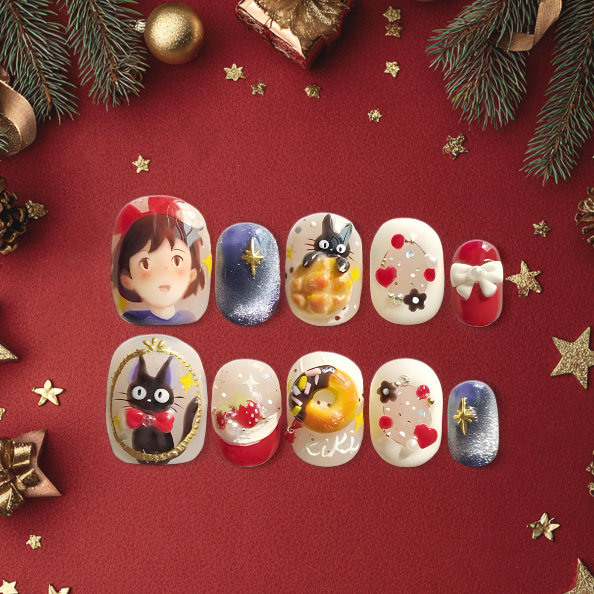 Kiki’s Delivery Service 3D Press-On Nails, Studio Ghibli Inspired Nail Set with Jiji Cat &amp; Kiki Design, Cute Anime Nail Art
